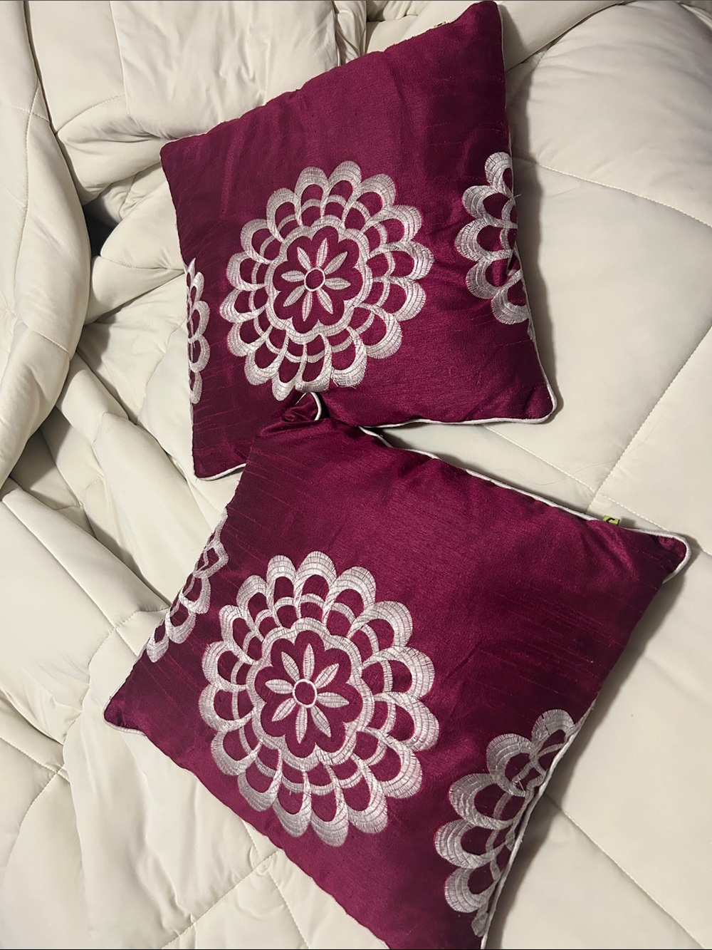 Plum Decorative Throw Pillow Pair with white Floral Embroidery